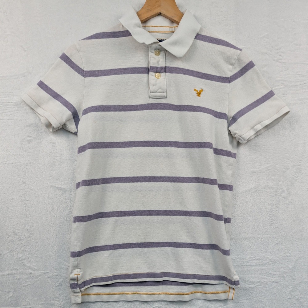 American Eagle Outfitters Polo Shirt Men's Small White Purple Striped Preppy Y2K